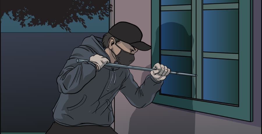 Illustration of burglar forcing entry through a window in Austin