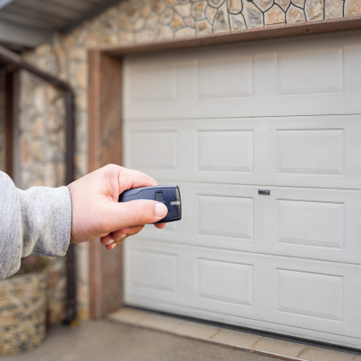 Austin security key fob pointing to a garage door